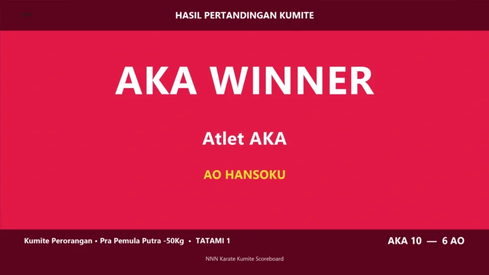 Tampilan Aplikasi Papan Skor Kumite Karate pada fitur SENSHU DAN KEPUTUSAN PERTANDINGAN