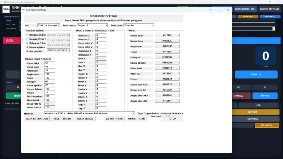 Tampilan Aplikasi Papan Skor Kumite Karate pada fitur SCOREBOARD SETTINGS