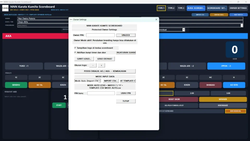 Tampilan Aplikasi Papan Skor Kumite Karate pada fitur OWNER SETTINGS BERPIN