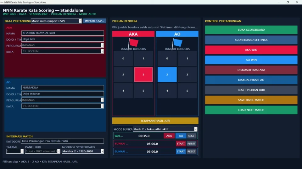 Tampilan Aplikasi Scoring Kata Karate pada fitur PANEL OPERATOR DAN AUDIENCE SCOREBOARD TERPISAH