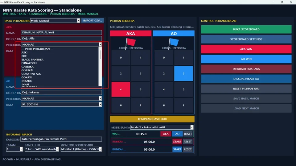 Tampilan Aplikasi Scoring Kata Karate pada fitur DATA AKA DAN AO
