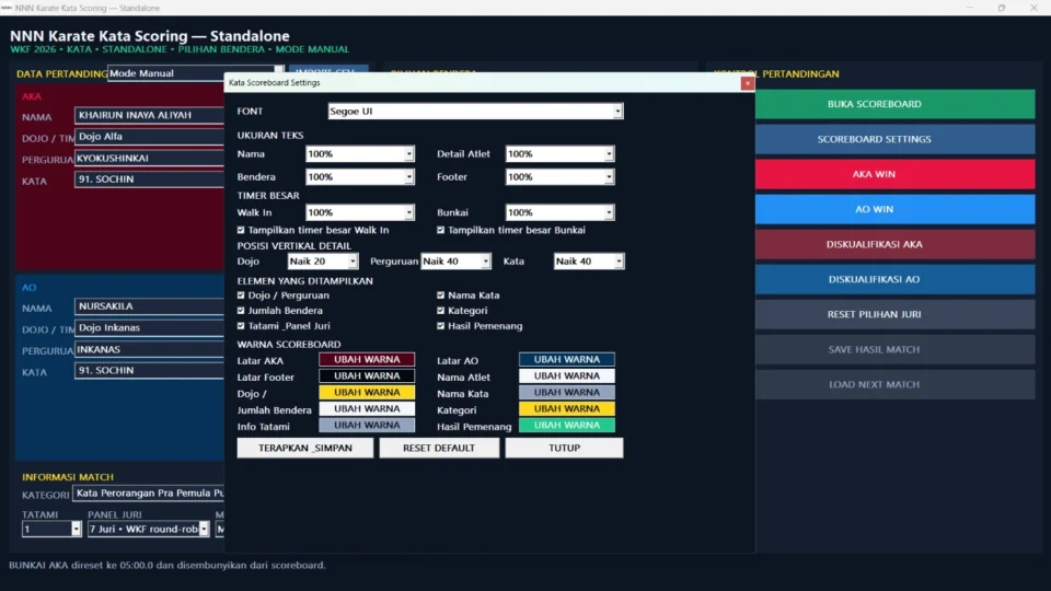 Tampilan Aplikasi Scoring Kata Karate pada fitur SCOREBOARD SETTINGS POSISI DETAIL