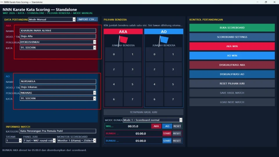 Tampilan Aplikasi Scoring Kata Karate pada fitur MODE MANUAL