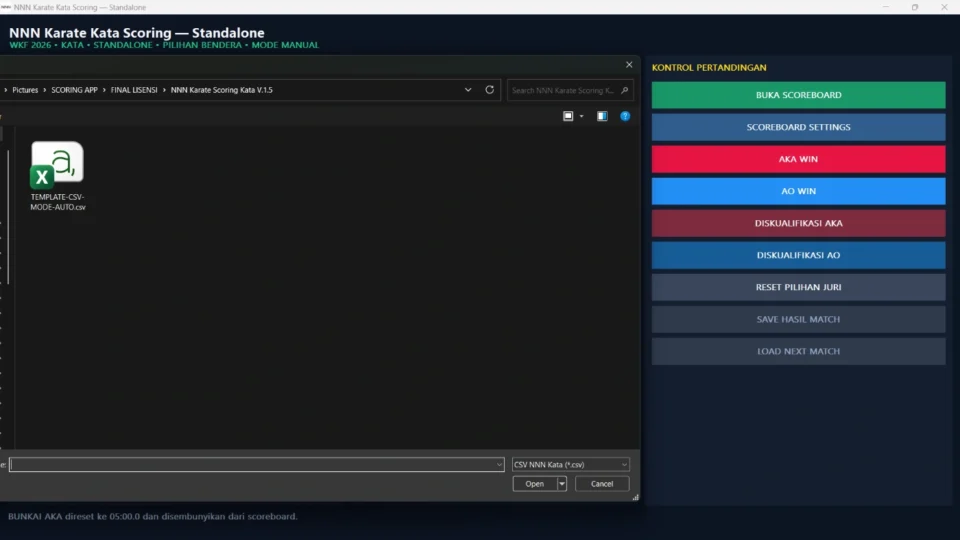 Tampilan Aplikasi Scoring Kata Karate pada fitur MODE AUTO CSV