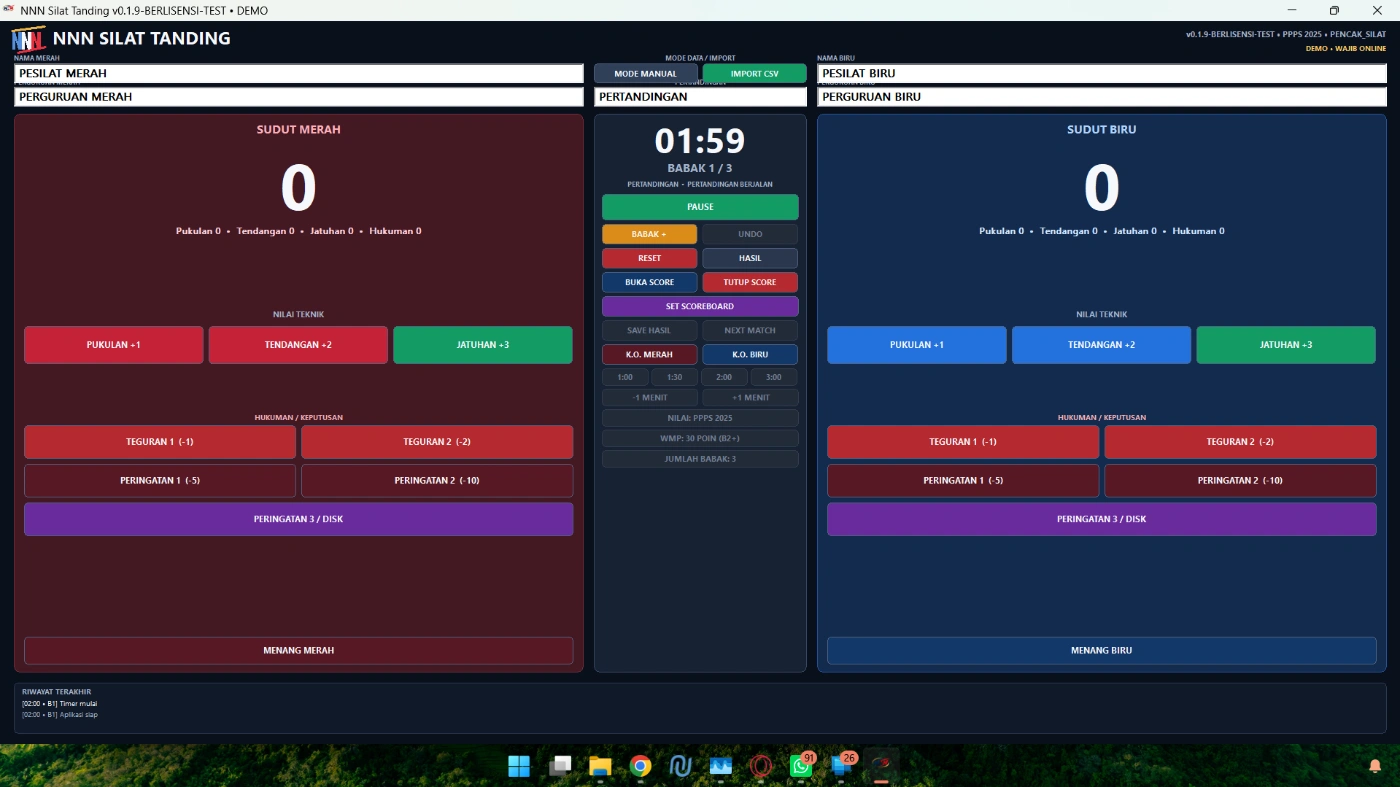 Tampilan Aplikasi Papan Skor Pencak Silat Tanding pada laptop dan layar pertandingan