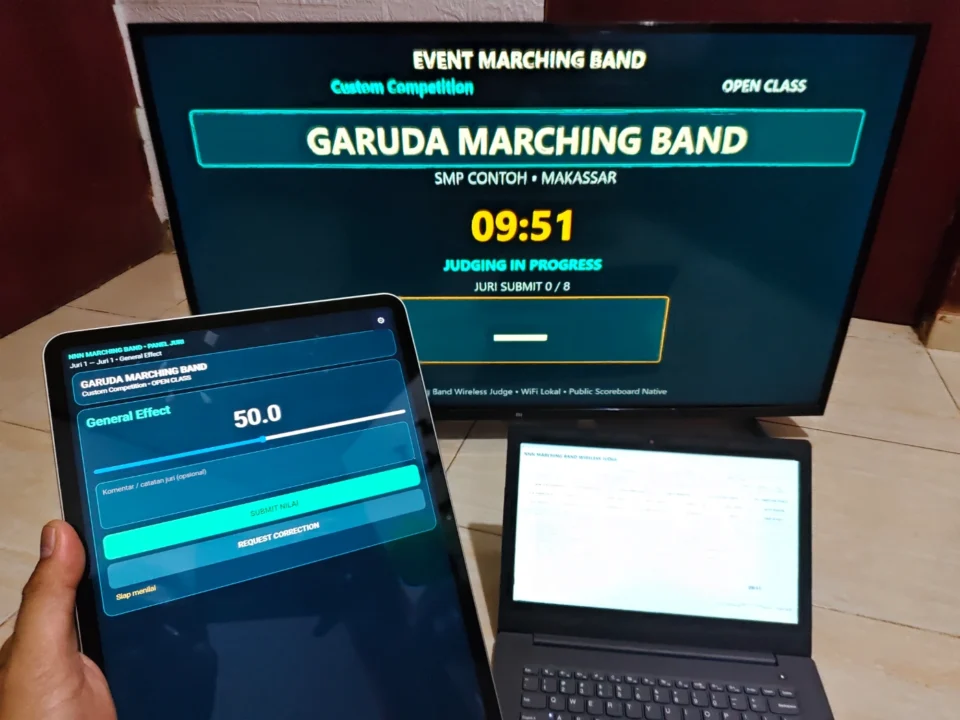 Aplikasi penilaian Marching Band Juri WiFi dengan laptop admin panel browser juri HP tablet dan Public Scoreboard pada TV