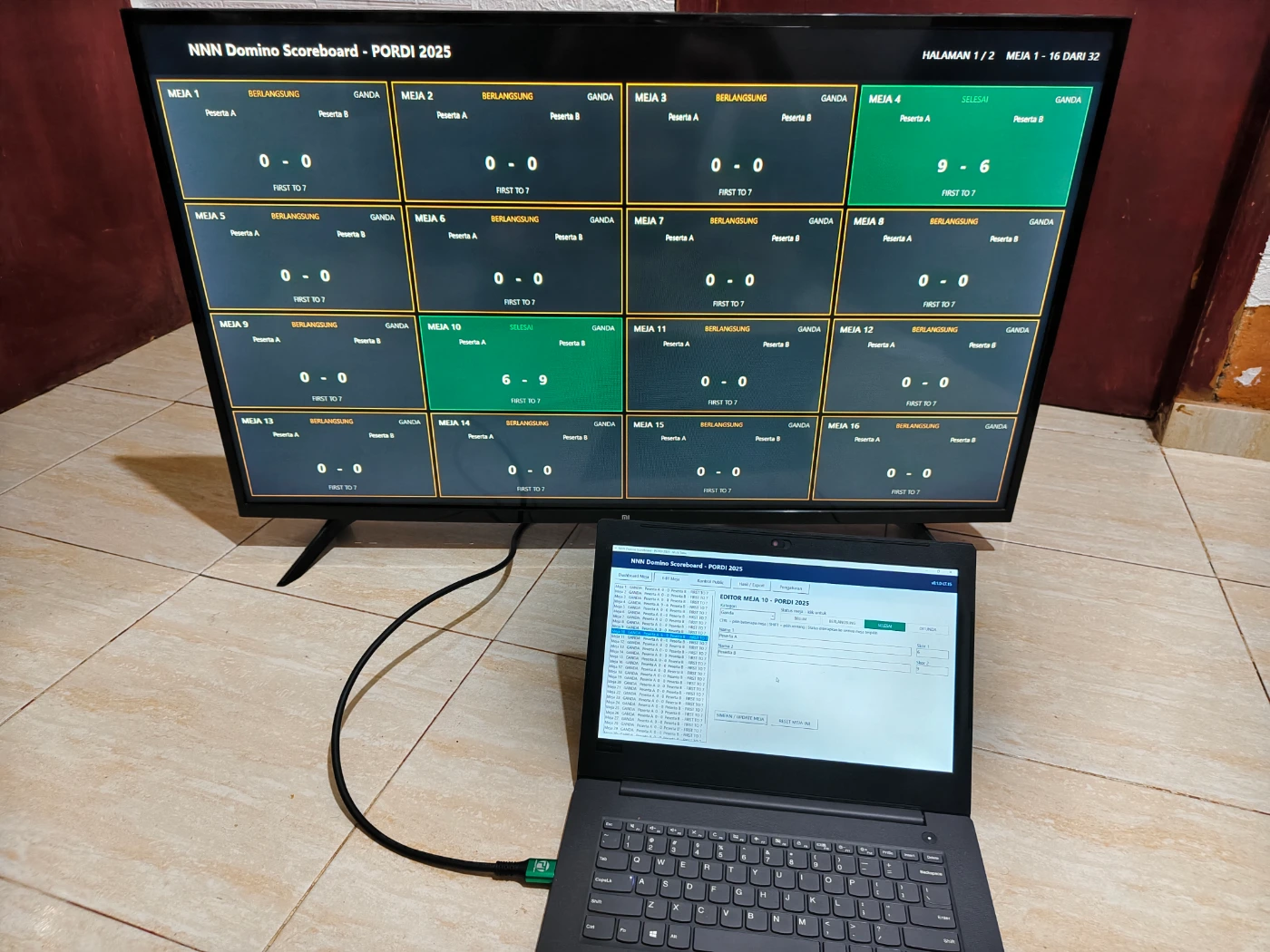 Papan skor Domino digital multi-meja digunakan operator dengan public scoreboard pada TV