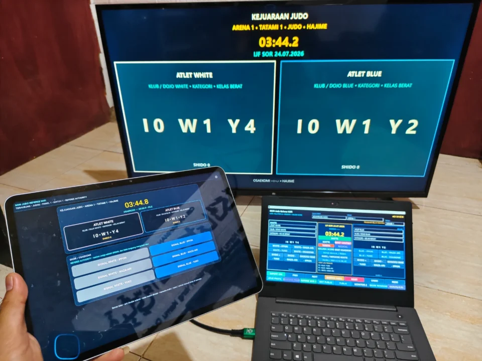 Papan skor Judo Juri WiFi digunakan dengan laptop operator panel juri HP dan TV