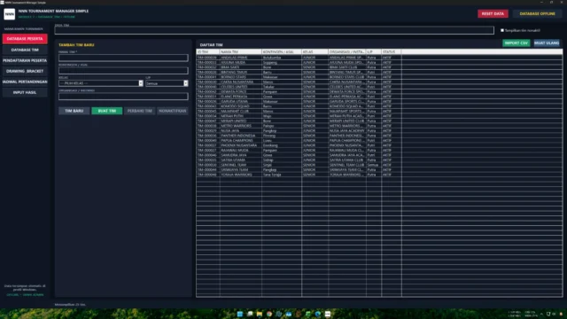 Database peserta dan tim pada aplikasi bagan turnamen otomatis Tournament Manager Simple