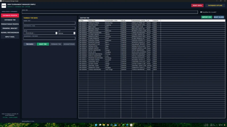 Database peserta dan tim pada aplikasi bagan turnamen otomatis Tournament Manager Simple