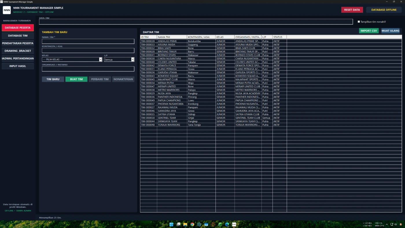 Database peserta dan tim pada aplikasi bagan turnamen otomatis Tournament Manager Simple