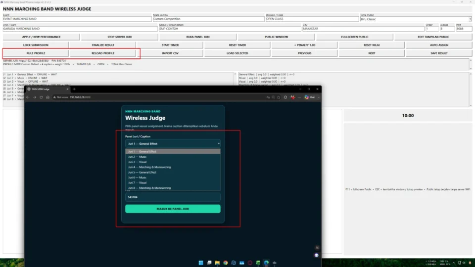 Judge Assignment dan Rule Profile fleksibel pada aplikasi penilaian Marching Band Juri WiFi