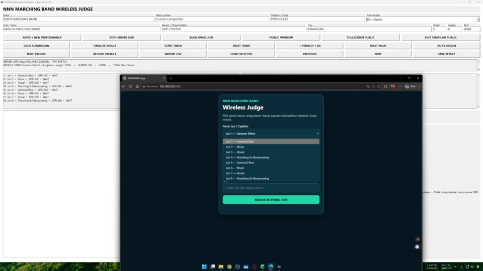Sistem lengkap aplikasi penilaian Marching Band Juri WiFi dengan admin panel browser juri dan Public Scoreboard