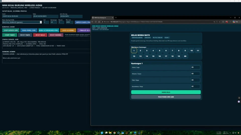 Sistem lengkap aplikasi penjurian kicau burung Juri WiFi dengan admin panel browser juri dan Public Scoreboard