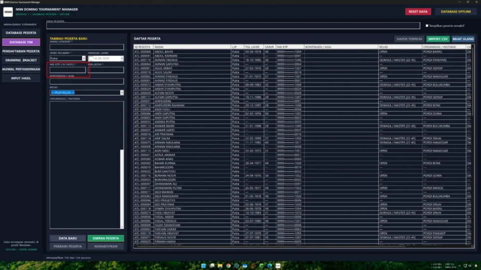 Database peserta turnamen Domino berbasis NIK dengan pencarian dan Import CSV