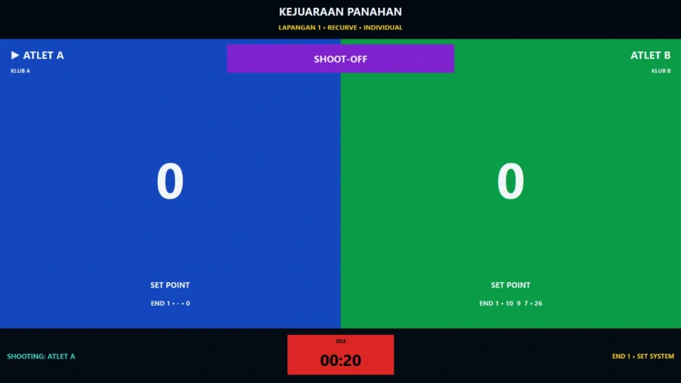 Shoot-off closest-to-centre dan shooting timer pada aplikasi papan skor digital panahan