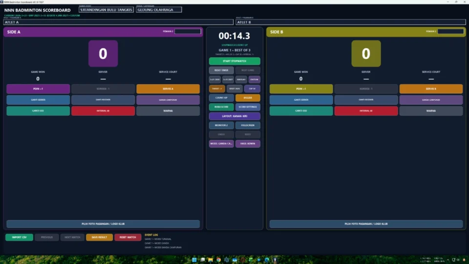 Panel operator aplikasi papan skor bulu tangkis dengan poin game dan posisi servis