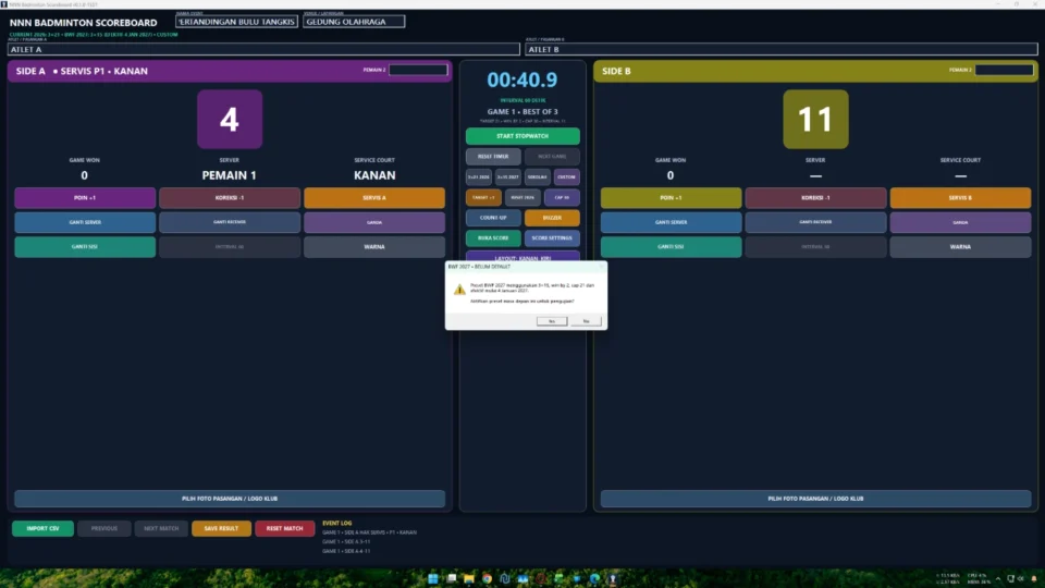 Preset CSV daftar pertandingan dan penyimpanan hasil aplikasi papan skor bulu tangkis