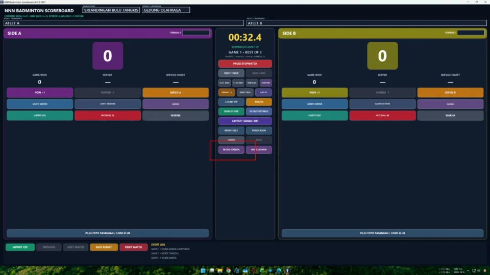 Mode tunggal dan ganda dengan server receiver serta posisi servis pada aplikasi bulu tangkis