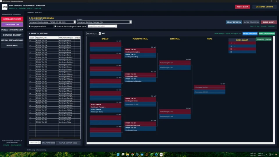 Bagan turnamen Domino otomatis dengan drawing bracket seeding acak dan lock drawing