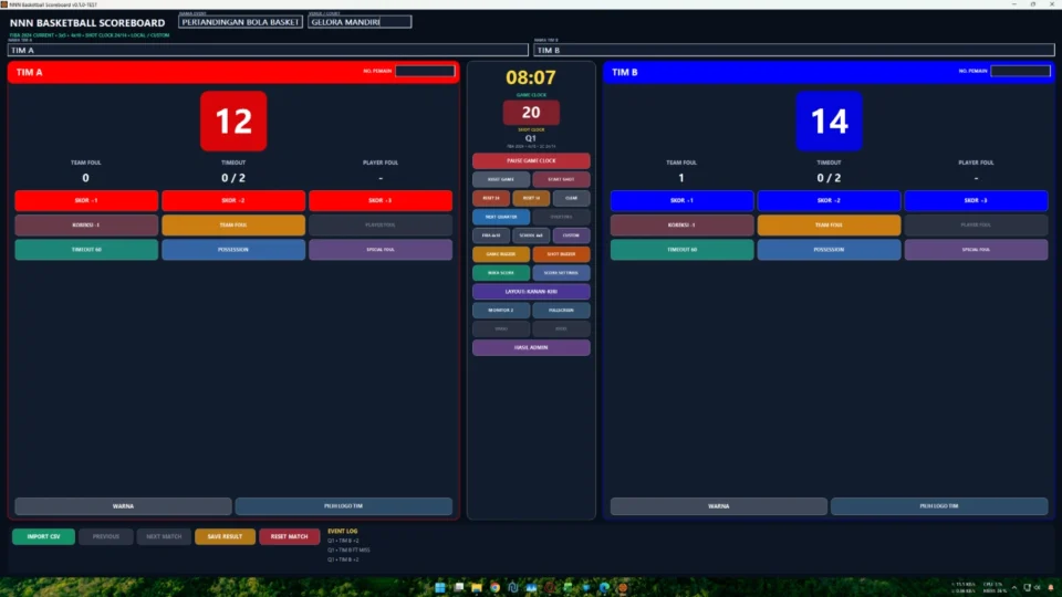 Panel operator aplikasi papan skor digital bola basket dengan skor game clock dan shot clock