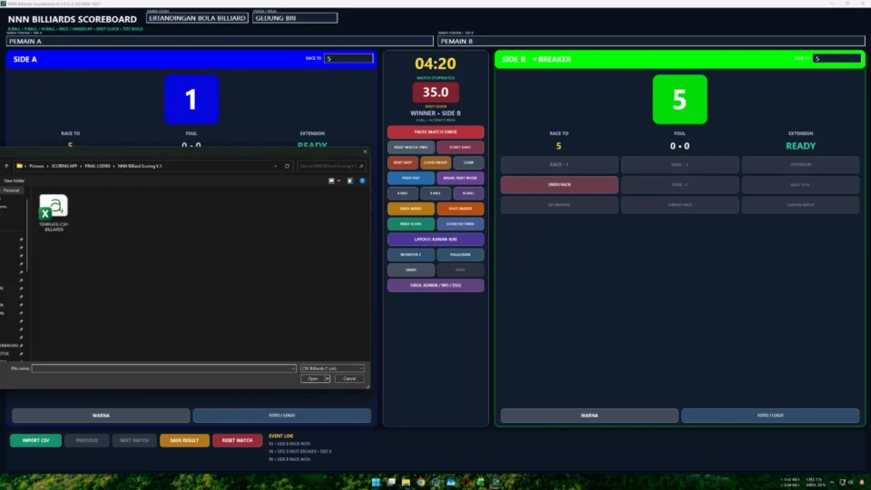CSV antrean pertandingan penyimpanan hasil Undo Rack dan autosave aplikasi papan skor biliar