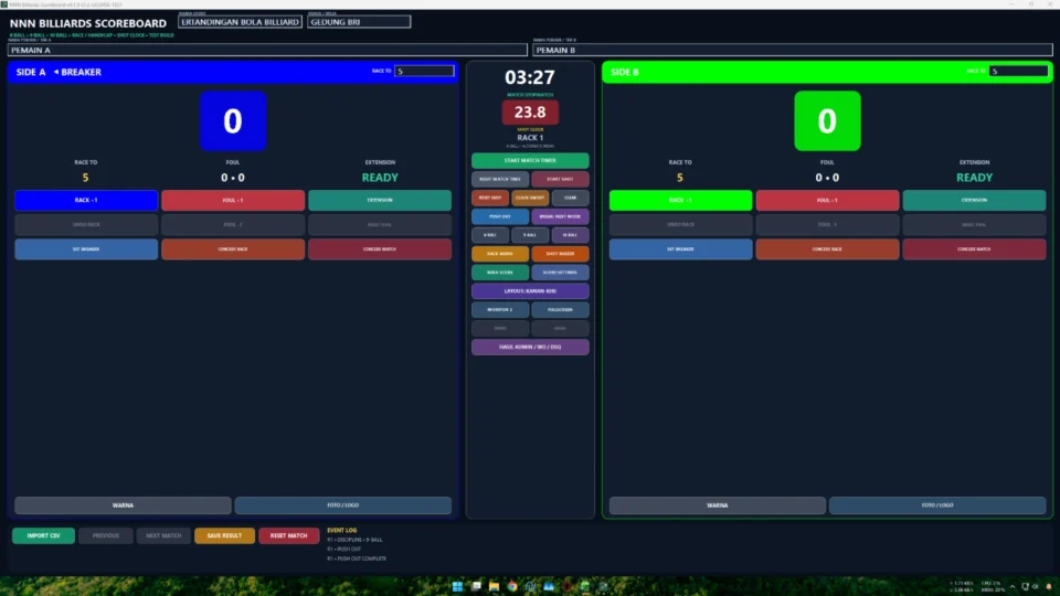Panel operator aplikasi papan skor biliar dengan Race To breaker dan shot clock