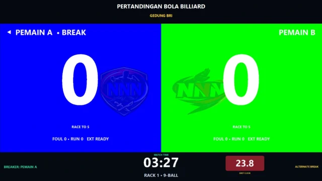 Papan skor digital biliar fullscreen dengan Race To breaker dan shot clock