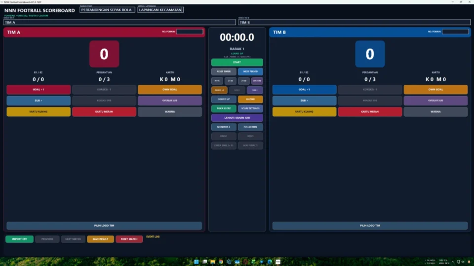 Panel operator aplikasi papan skor sepak bola dengan timer dan added time