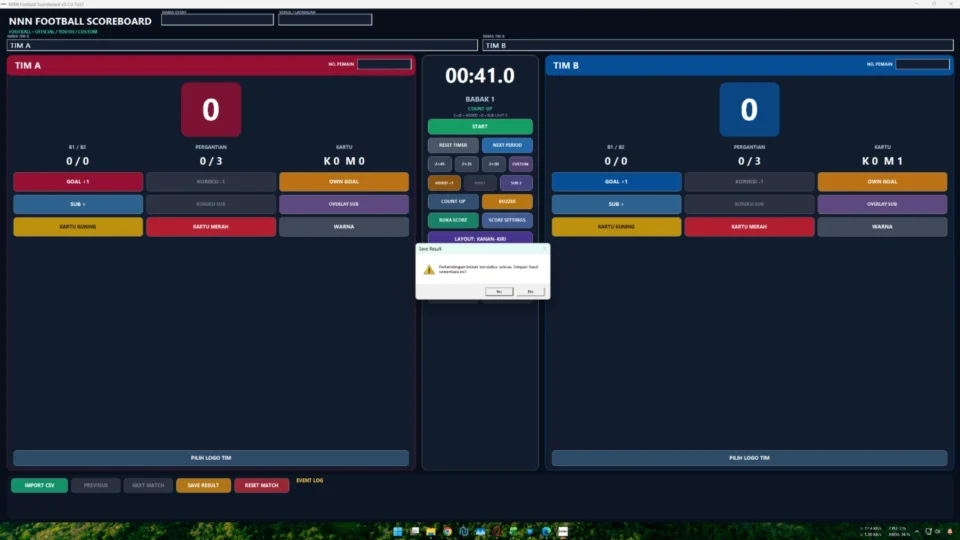 Preset CSV penyimpanan hasil dan autosave aplikasi papan skor sepak bola