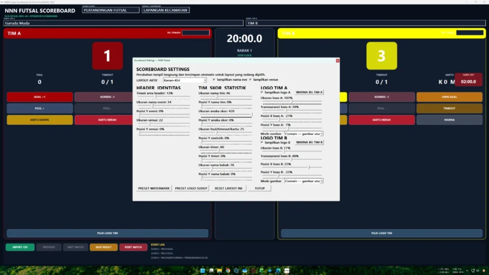 Import CSV simpan hasil dan event log pada aplikasi scoring futsal
