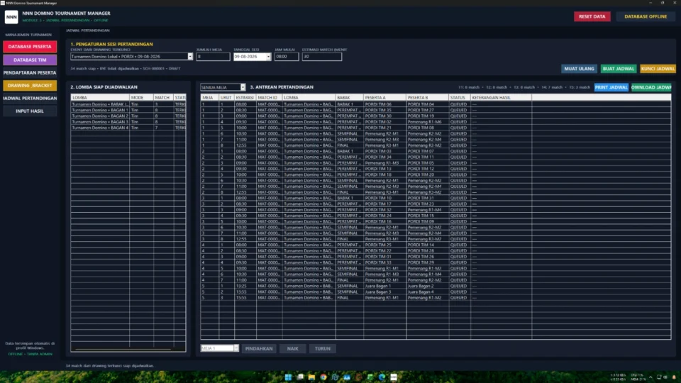Jadwal pertandingan Domino dengan jumlah meja fleksibel urutan match dan pindah meja
