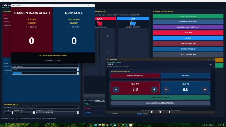 Sistem scoring Kata wireless dengan panel juri Android dan browser