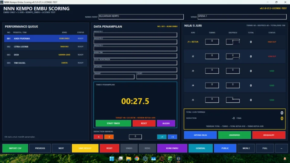 Panel operator dan Performance Queue aplikasi scoring Kempo Embu