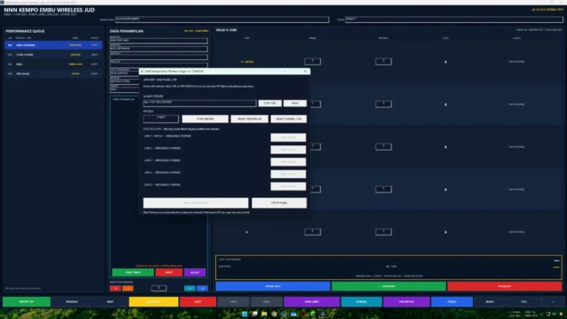 Sistem lengkap Kempo Embu Wireless Judge dengan lima panel juri dan papan skor digital