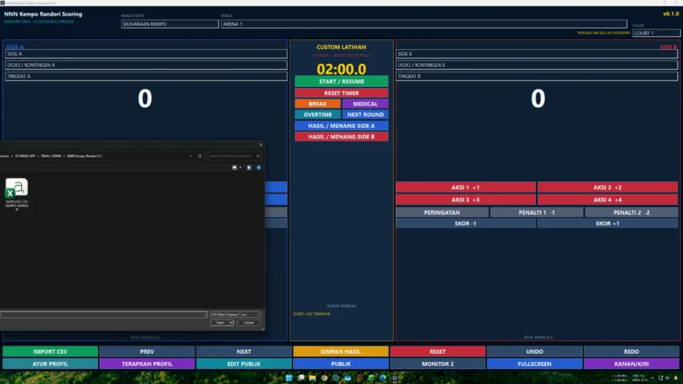 Import CSV Save Result Undo Redo dan event log pada aplikasi Kempo Randori