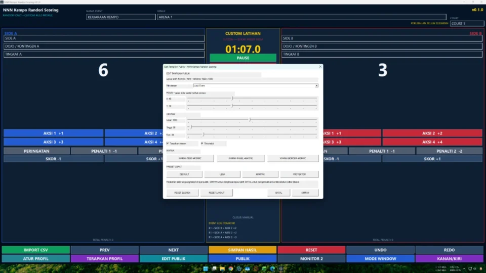 Editor tampilan public scoreboard Kempo Randori dengan slider dan live preview