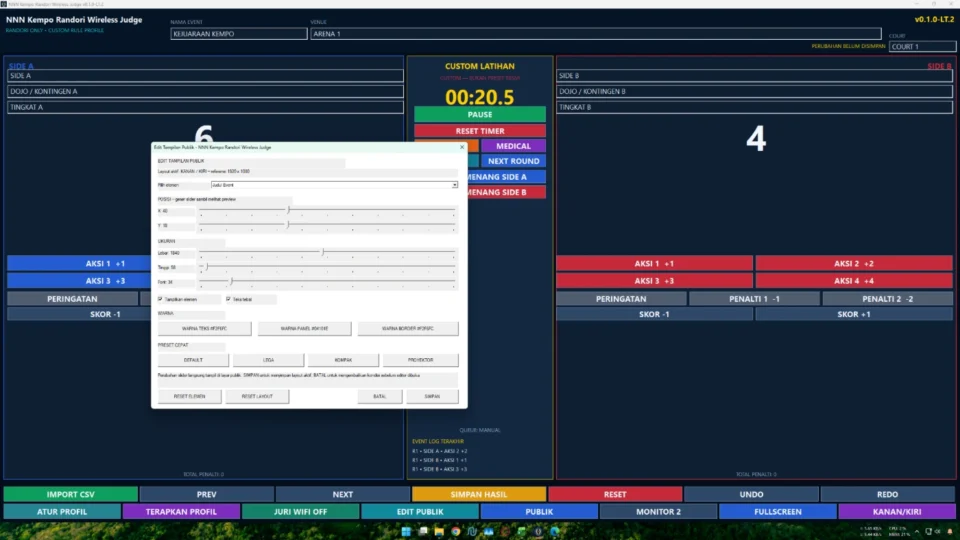 Editor tampilan public scoreboard Kempo Randori Juri WiFi dengan slider dan live preview