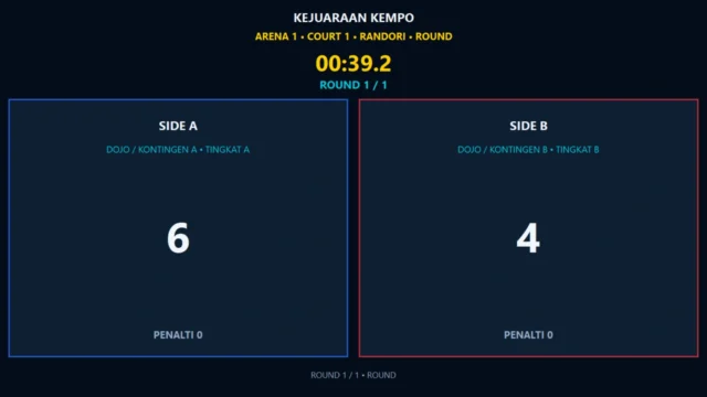 Public scoreboard Kempo Randori Juri WiFi fullscreen untuk TV dengan skor timer dan penalty