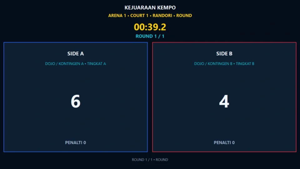 Public scoreboard Kempo Randori Juri WiFi fullscreen untuk TV dengan skor timer dan penalty