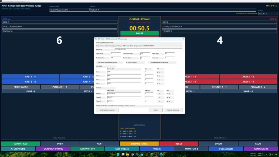 Custom Rule Profile dan aksi panel juri pada aplikasi Kempo Randori Wireless Judge