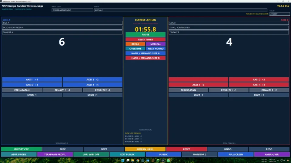 Sistem lengkap papan skor Kempo Randori Juri WiFi dengan operator panel juri dan public scoreboard