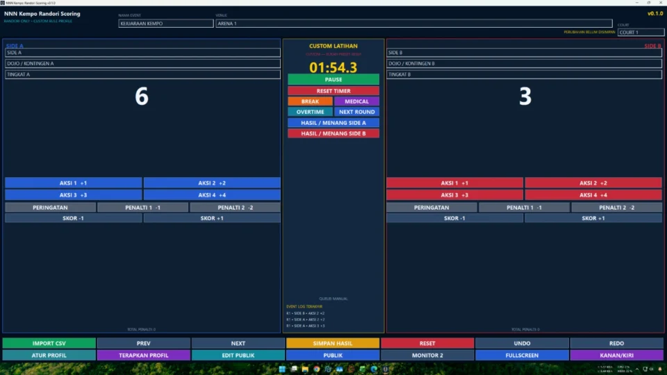 Panel operator papan skor Kempo Randori dengan skor timer penalty dan round