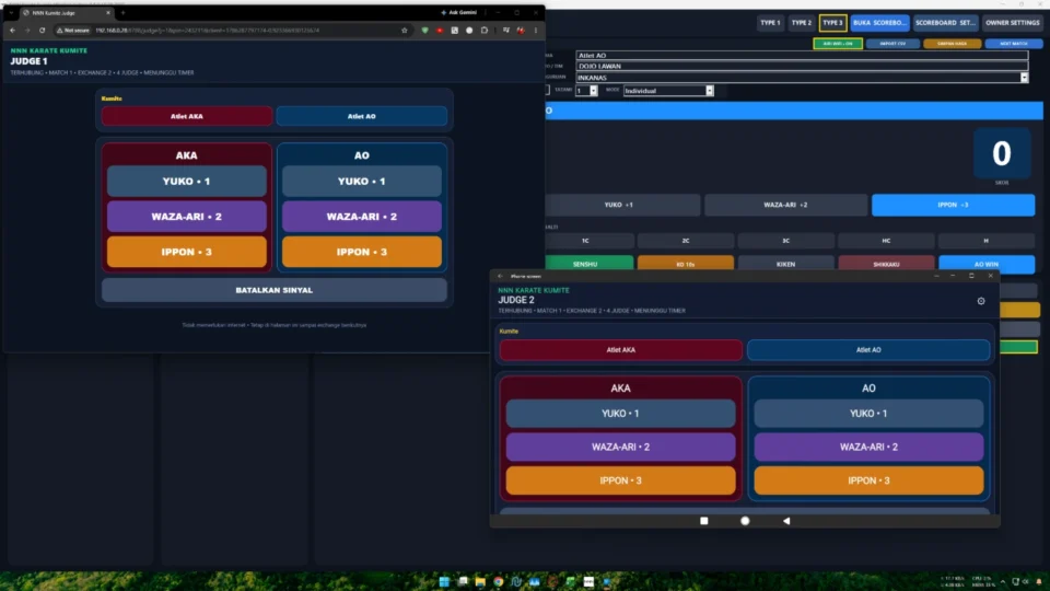Panel juri Kumite melalui aplikasi Android dan browser pada jaringan lokal