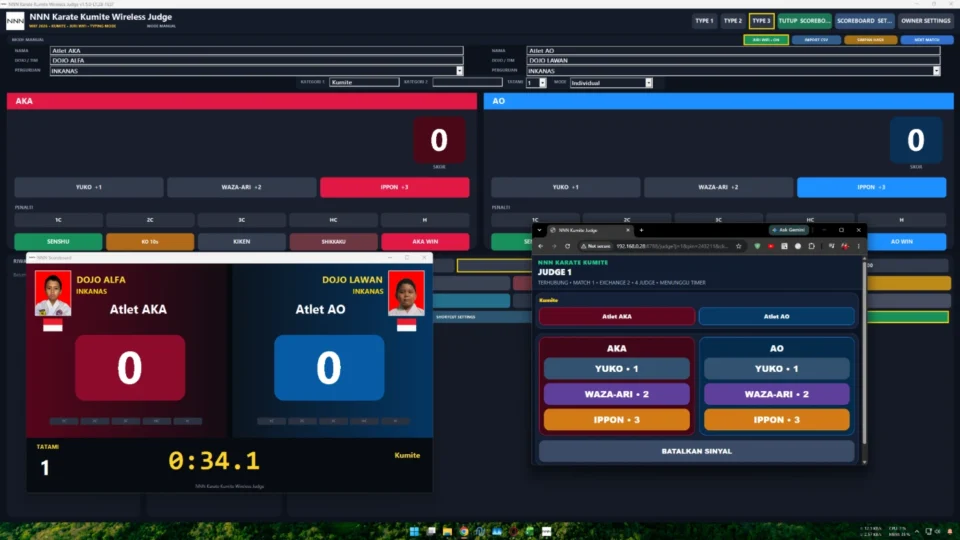 Tampilan lengkap aplikasi Kumite wireless dengan panel juri HP dan scoreboard