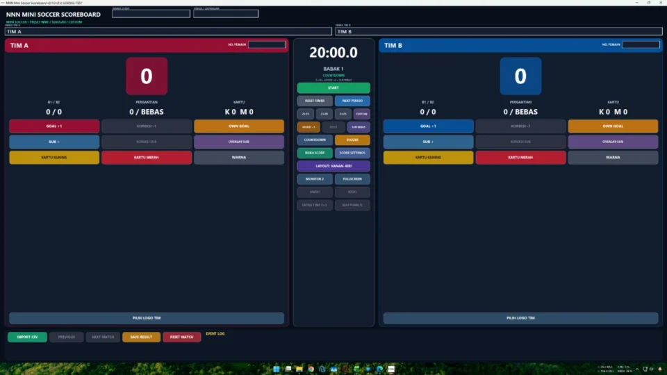 Panel operator aplikasi papan skor Mini Soccer dengan timer dan added time