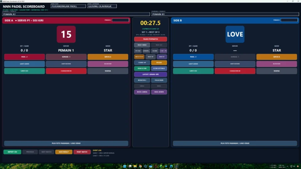 Panel operator aplikasi papan skor padel digital dengan poin game set server dan receiver