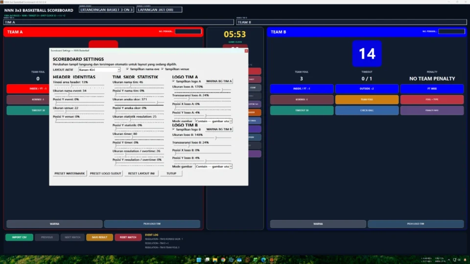 Editor tampilan public scoreboard Basket 3x3 dengan slider dan live preview