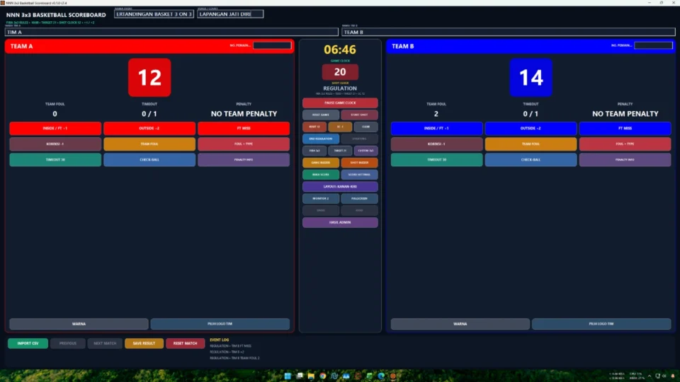 Panel operator papan skor Basket 3x3 dengan game clock 10 menit shot clock 12 detik dan skor +1 +2