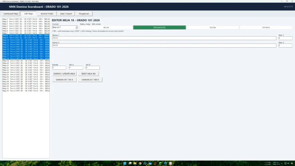 Kontrol multi-meja CTRL SHIFT status dan Auto Rotate pada Papan Skor Domino
